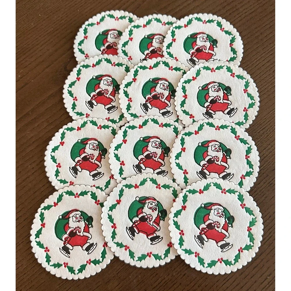 Vintage Skating Santa Christmas Paper‎ Coasters Set of 12 Scalloped Edge Holly